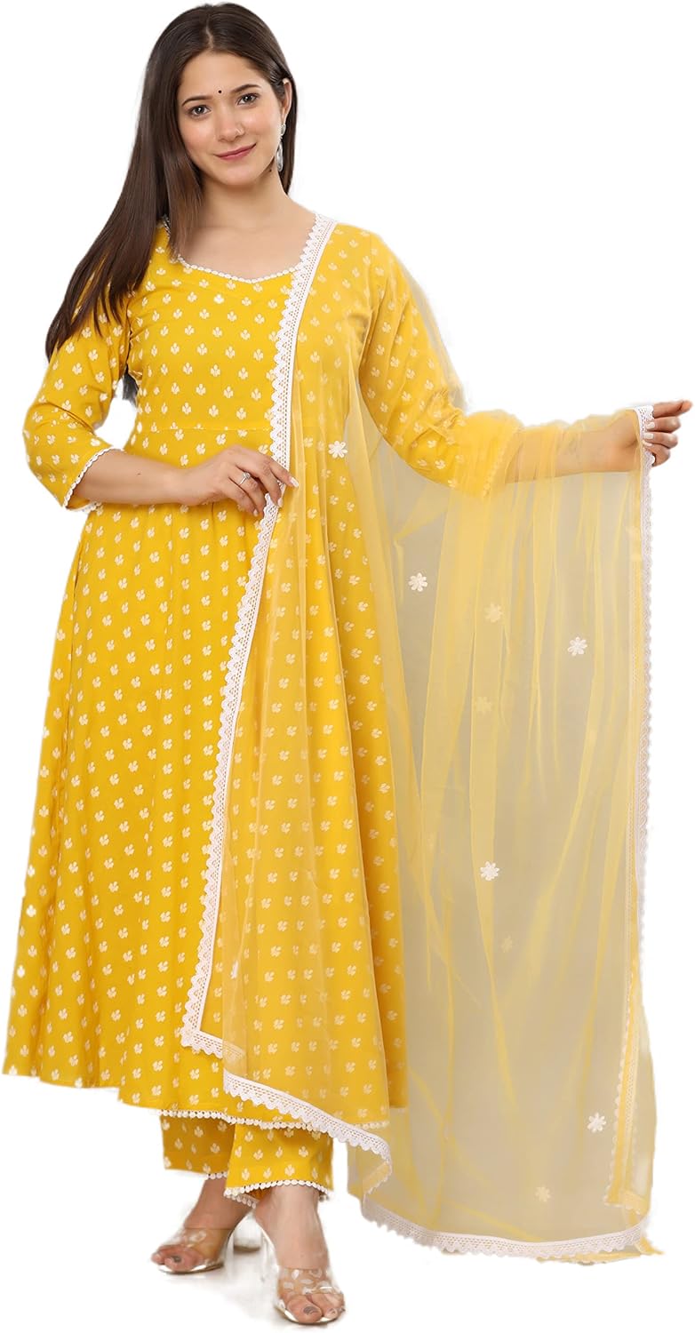 miss fame Women's Cotton Anarkali Kurta with Pants and Dupatta