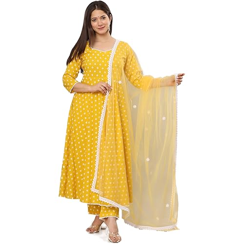 miss fame Women's Cotton Anarkali Kurta with Pants and Dupatta