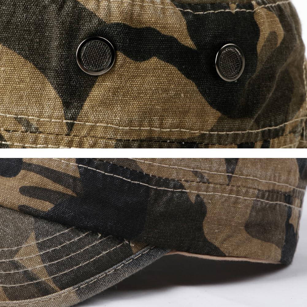 Military Flat Top Cap, Washed Cotton Vintage Adjustable Cadet Army Camo Hat, Outdoor Camping Baseball Cap for Men Women - Image 6