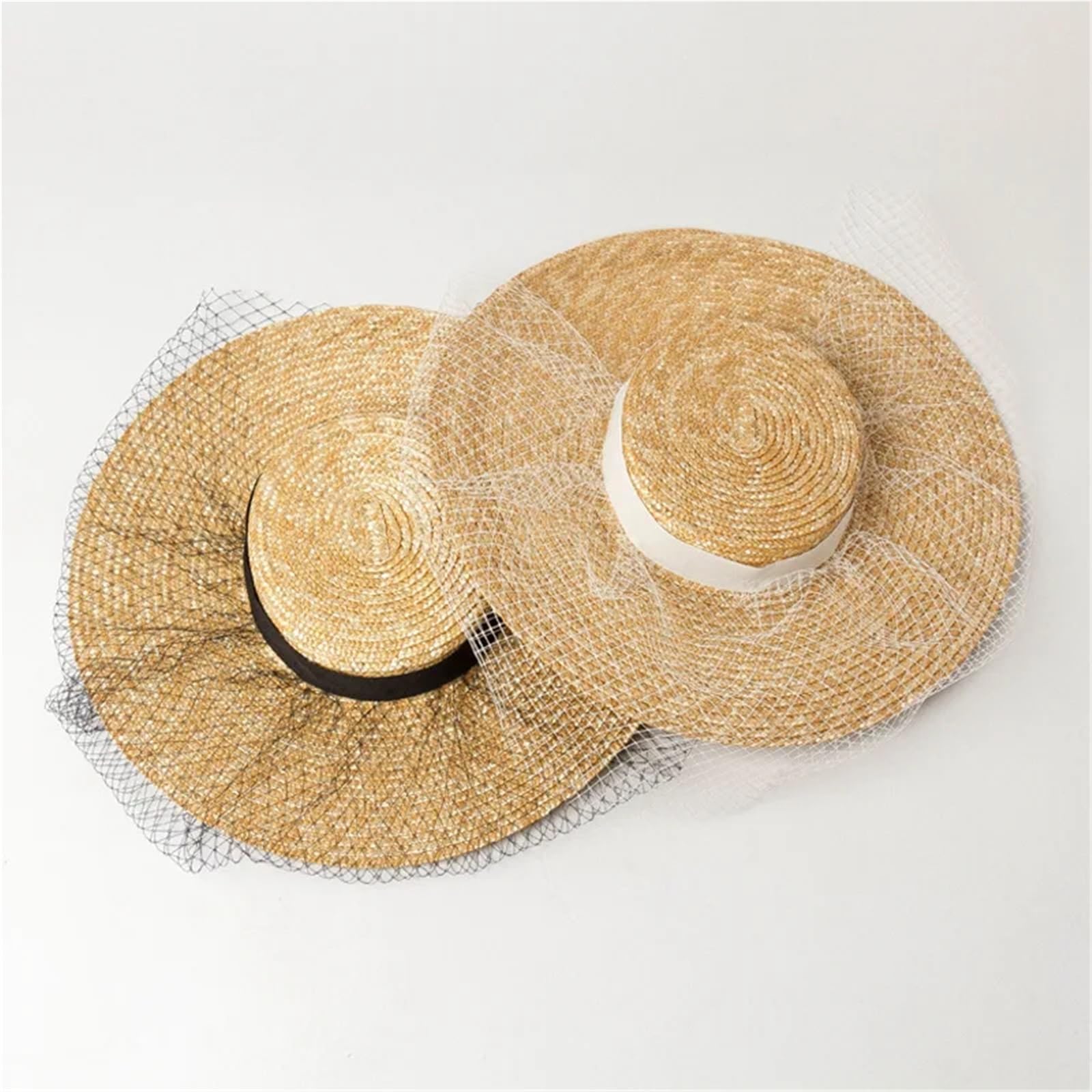 Generico Cappello di Paglia da Donna di Altezza Corta con Nastri Neri Copricapo di Paglia Superiore con Clip Artigianali