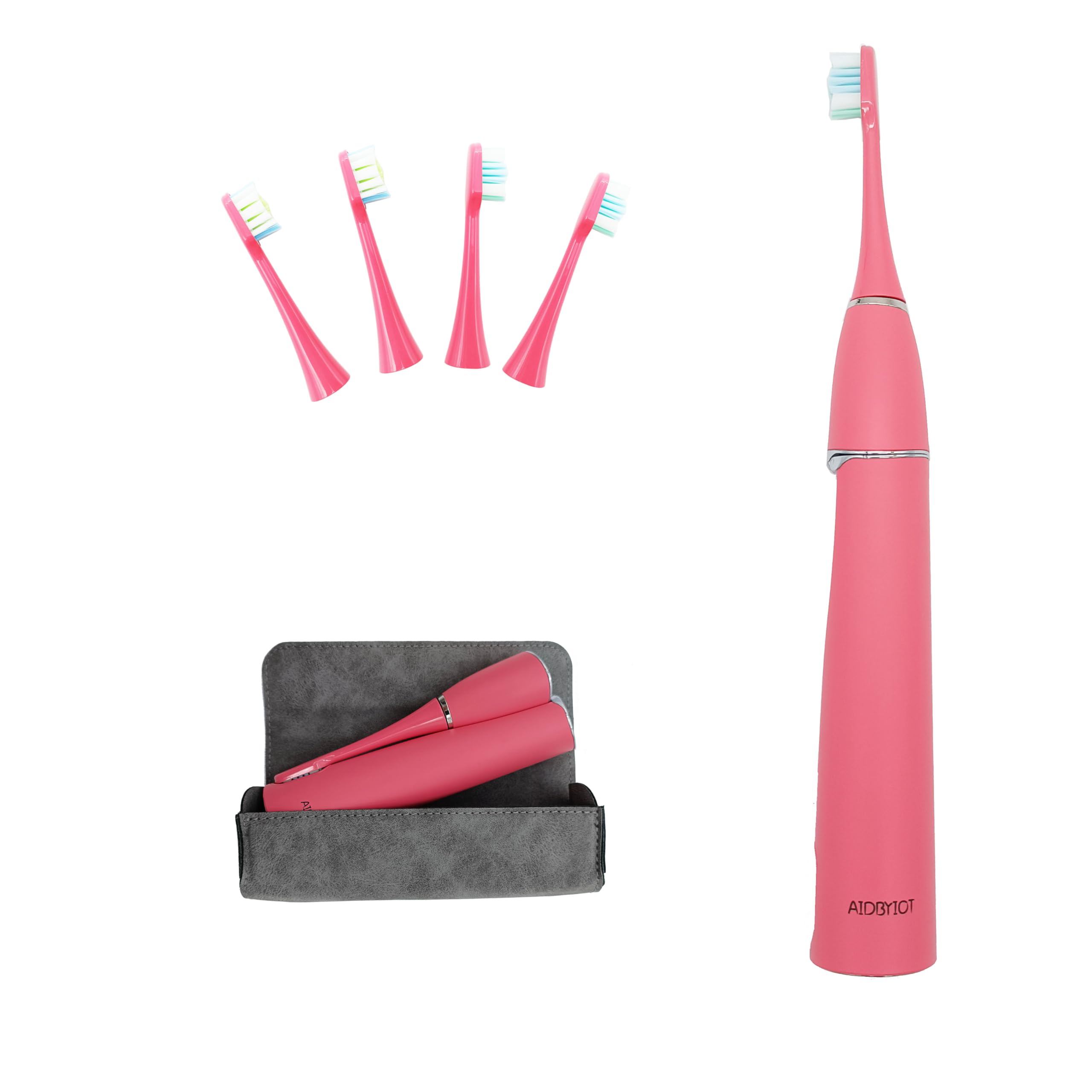 AIDBYIOT Folding Sonic Electric Toothbrush Pink Self Cleaning Travel Rechargeable Portable. 4 Brush Heads. Travel Bag.