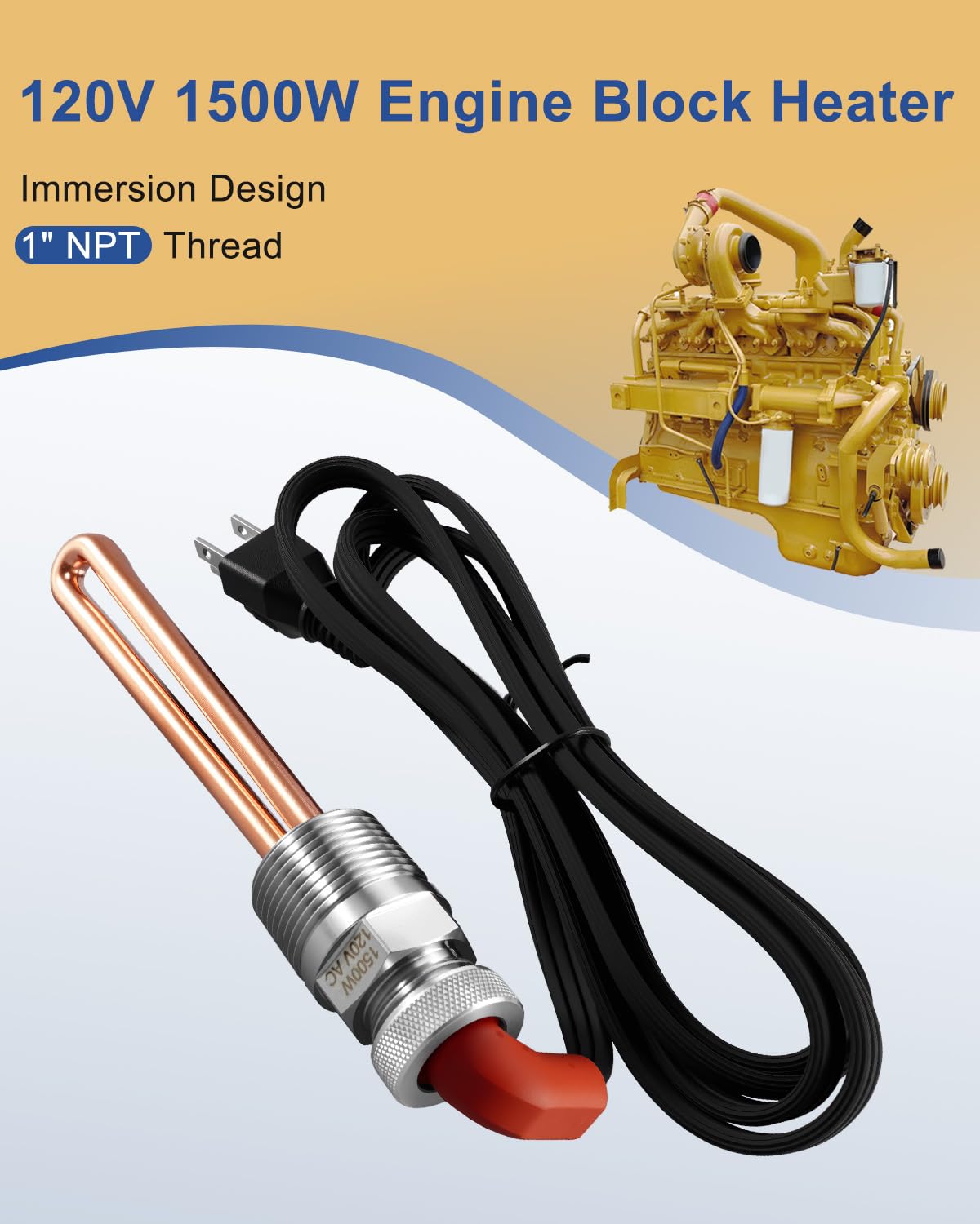 Engine Heater Direct Immersion Style Fits for Caterpillar Detroit Diesel International Navistar Perkins Engines, 1500W 120V 1" NPT Block Herter