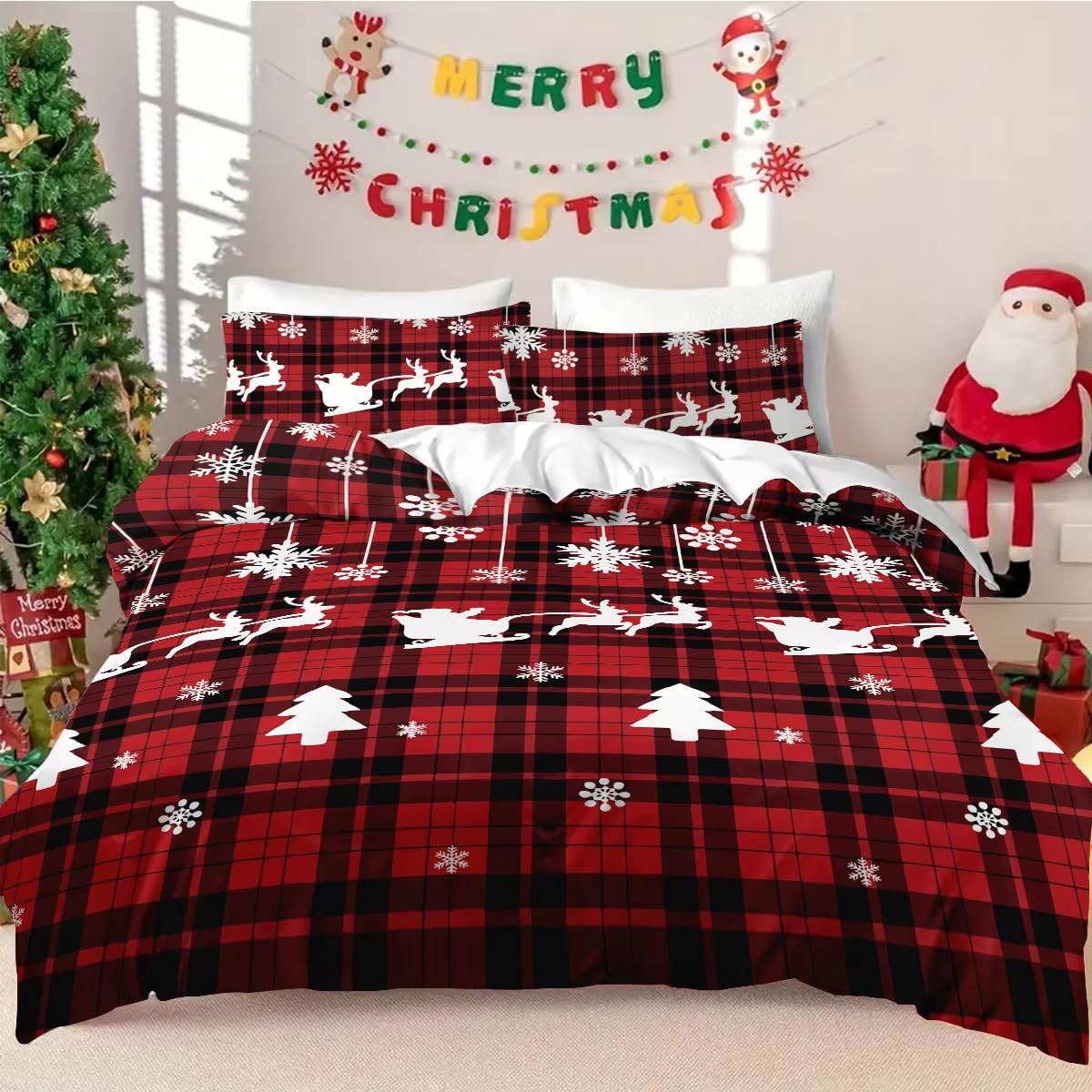 Parure de lit 260x240 de Noël luxueuse aux finitions soignées avec rennes et flocons