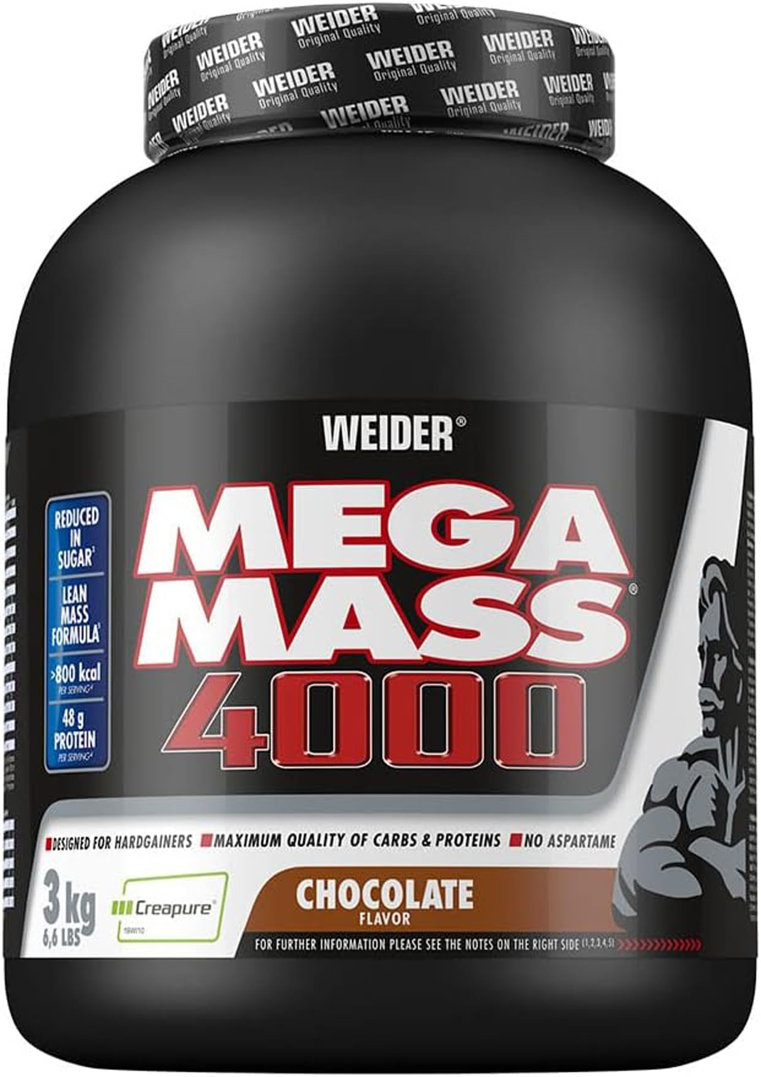 Weider Mega Mass 4000 3 kg - Legendarny Gainer z Węglowodanami, Białkiem, Monohydratem Kreatyny Creapure, Witaminami i Minerałami, Smak Czekoladowy