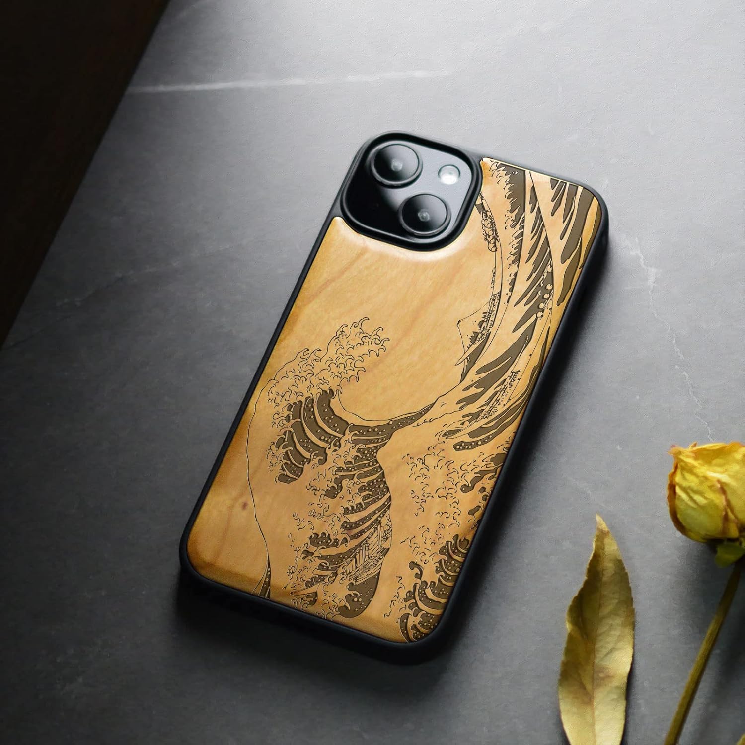 Carveit Magnetic Wooden Case for iPhone 15 Case, Compatible with MagSafe Wireless Chargers, Black Soft TPU Shockproof Cover & Wood Artisan Engraved (The Great Wave Off Kanagawa) - Cherry