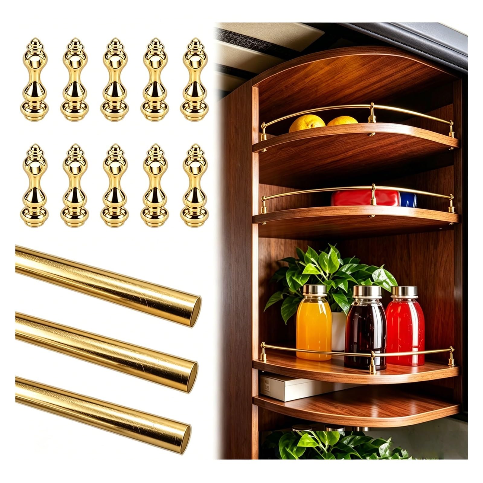 3-Pcs Aluminum Alloy Shelf Guard Rail, Bendable Cabinet Corners Fence Bar, Anti-Tipping Railing for Bookshelf, Wine Storage, Display Rack, Pantry(Gold,38cm/15in)