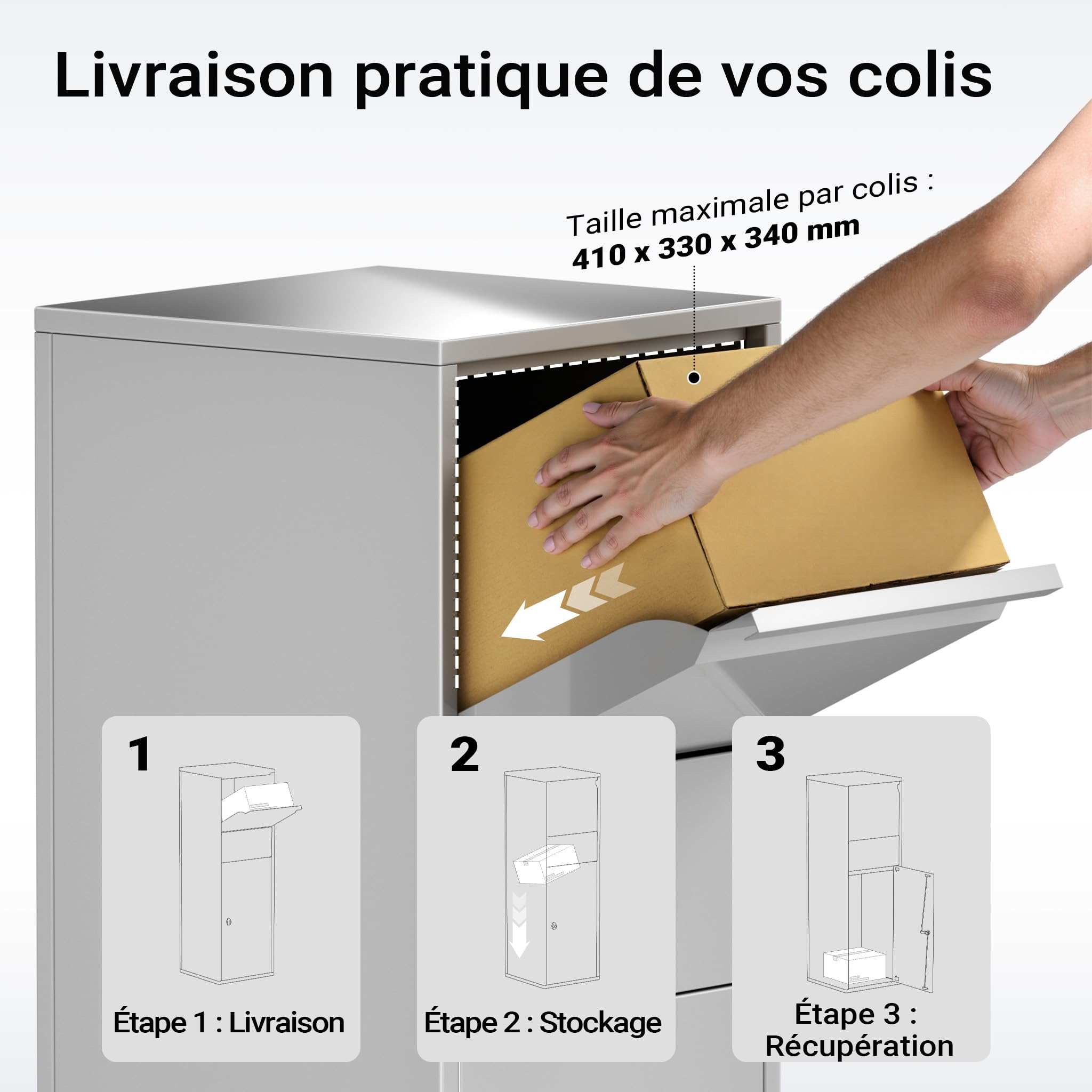 Wiltec Boîte à Colis verrouillable Gris argenté 460 x 450 x 1400 mm, Boîte aux Lettres sur Pied, pour Colis Taille S et L, Usage Domestique courrier