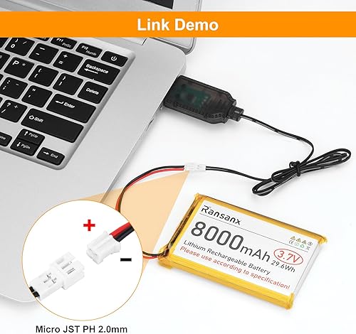 Miniatura 2 de Batería Lipo de 3.7 V 8000 mAh 126090 batería recargable de polímero de litio con conector JST PH2.0.000 in + cargador USB de 1000 mAh con interfaz