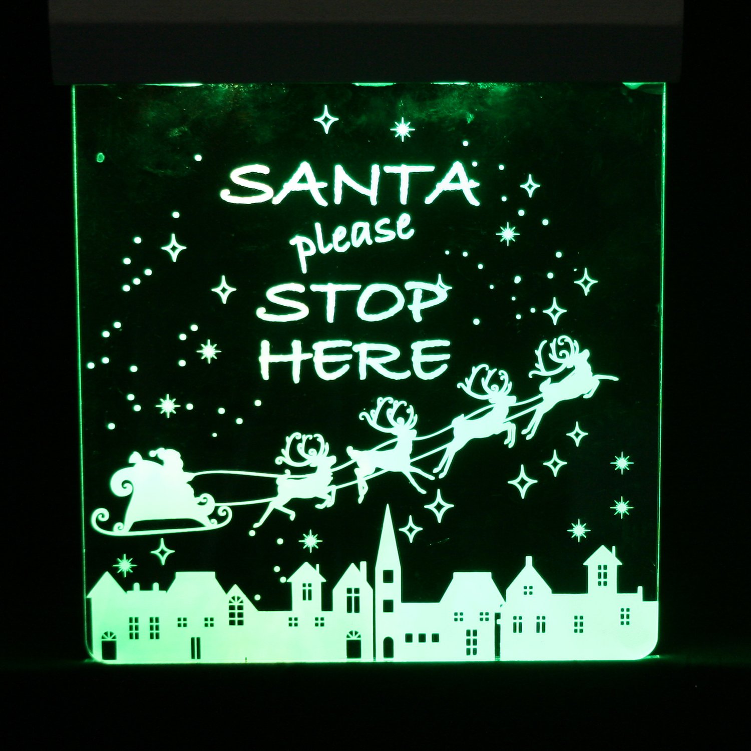 WeRChristmas Pre-Lit Santa Please Stop Here Colour Changing LED Illuminated Christmas Sign, 25 cm, Multi-colour - Image 3