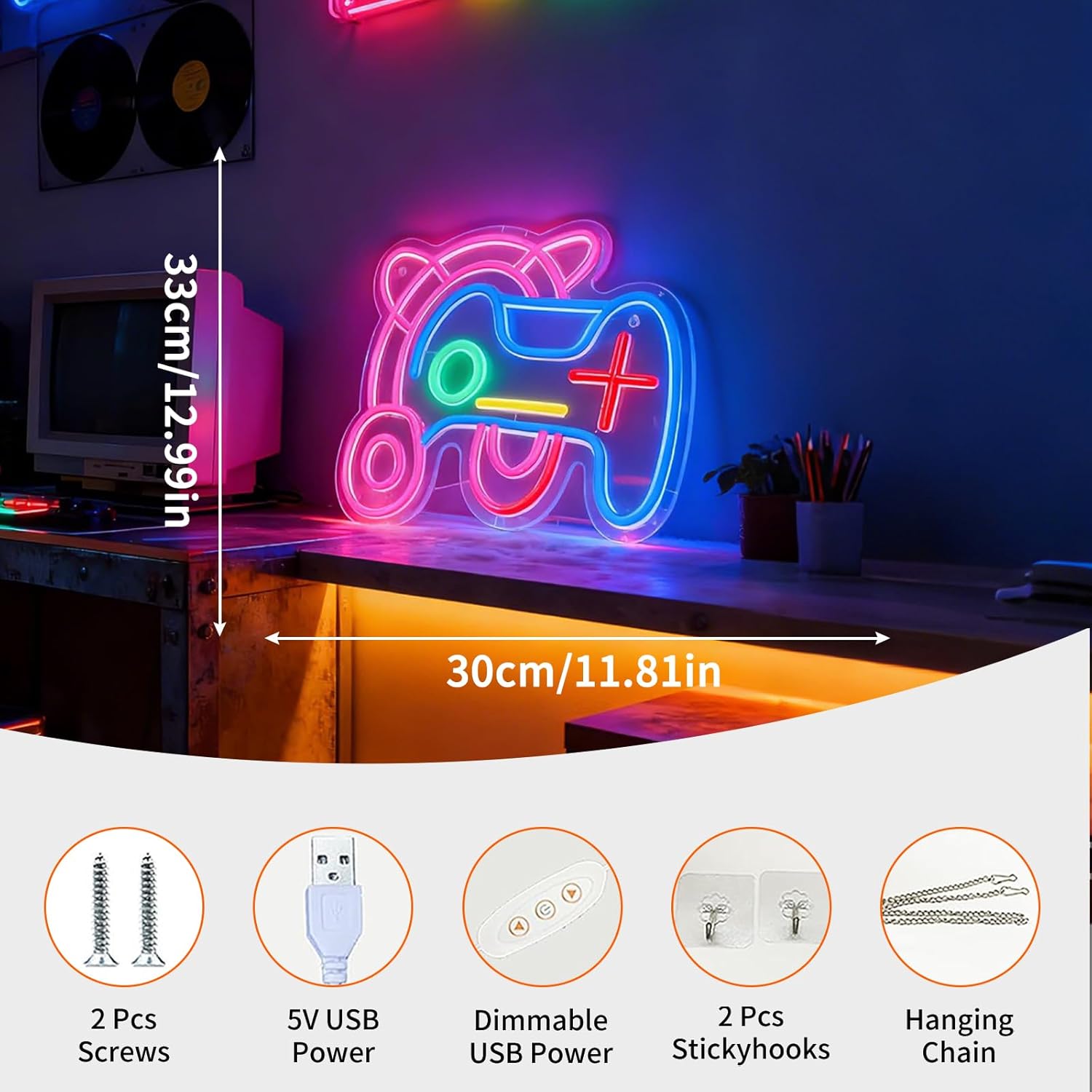 Multi-Color Gaming Controller LED Neon Sign - USB Powered Table Wall Decor for Game Room Gaming Setup Bedroom Dorm Girl Man Cave, Gamer theme Party Neon Light