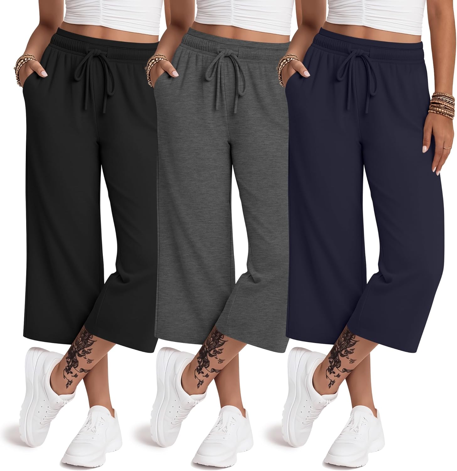3 Pack Womens Capri Pants Loose Yoga Cropped Pants Elastic Waist Wide Leg Lounge Capris Sweatpants with Pockets
