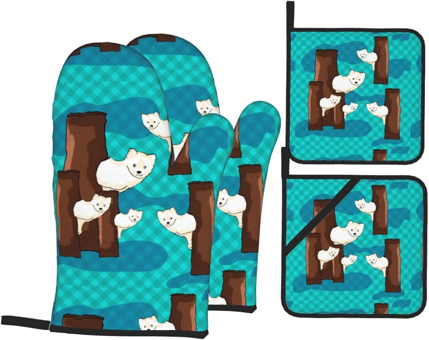 Cute little raccoon Oven gloves and heat-resistant mat 4-piece set. Suitable for grilling, microwave oven frying, and baking