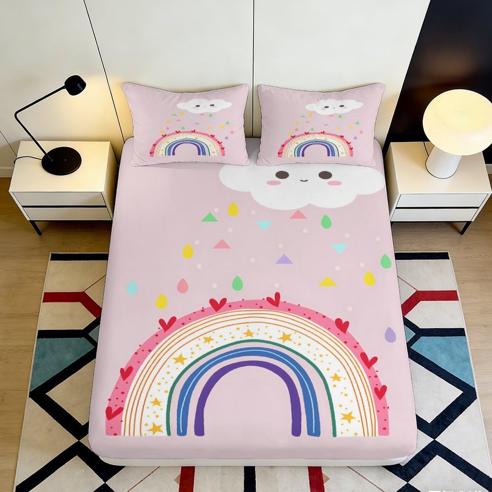 3D Printed Rainbow Cloud Fitted Sheet Microfiber Anti-Slip Pastel Bed Cover for Bedroom Guest Room Decor Protection 90x200x25cm