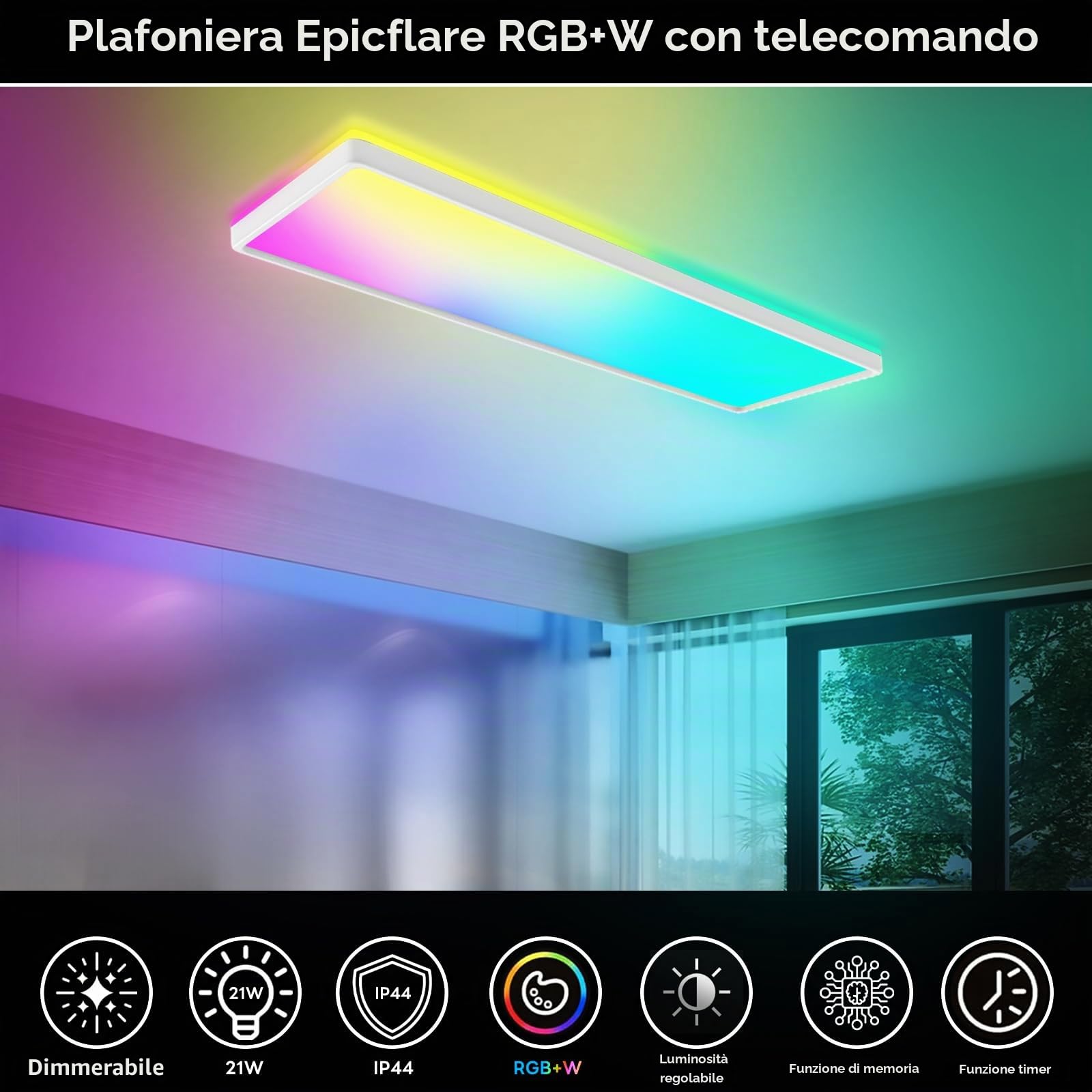 Epicflare Plafoniera LED Soffitto RGBW + 4000K Lampada da Soffitto con Telecomando 21W 58x20 cm Plafoniera Bagno IP44 Impermeabile per Soggiorno Camera da letto Cucina Bagno