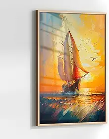 Quadro Decorativo Barco Pôr do Sol com Moldura e Acrílico Cristal para Sala Quarto e Hall (Moldura Madeira, 60x40)