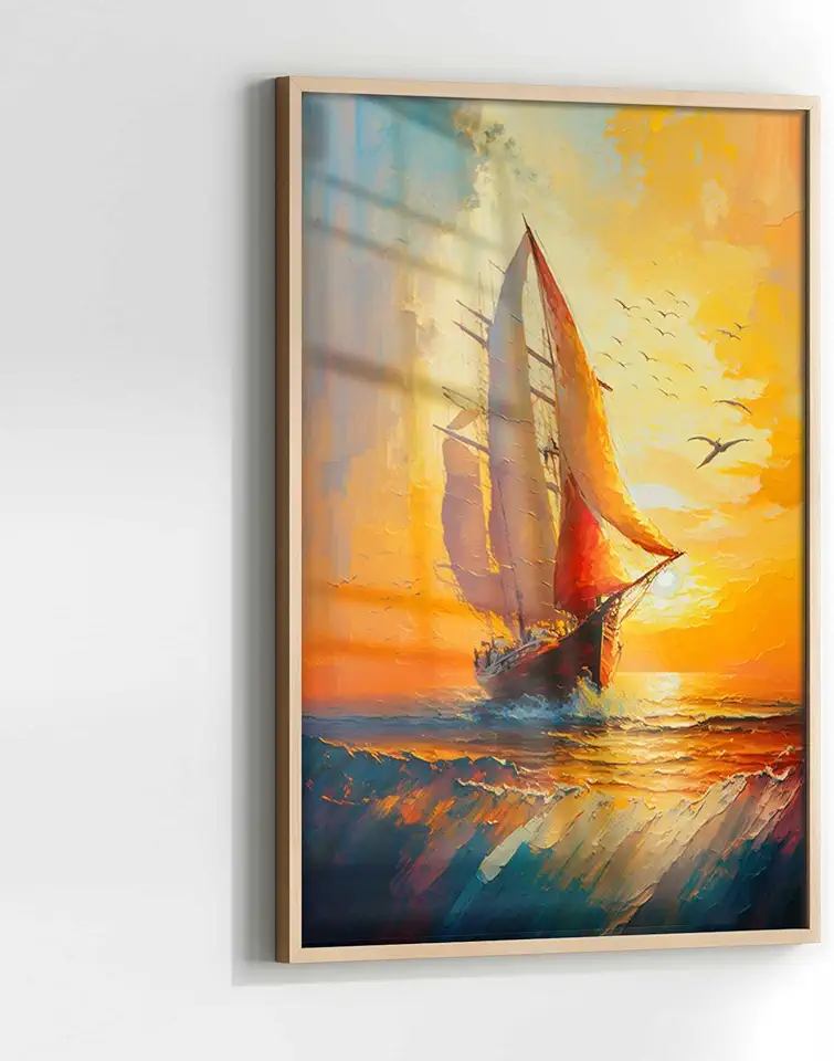 Quadro Decorativo Barco Pôr do Sol com Moldura e Acrílico Cristal para Sala Quarto e Hall (Moldura Madeira, 60x40)