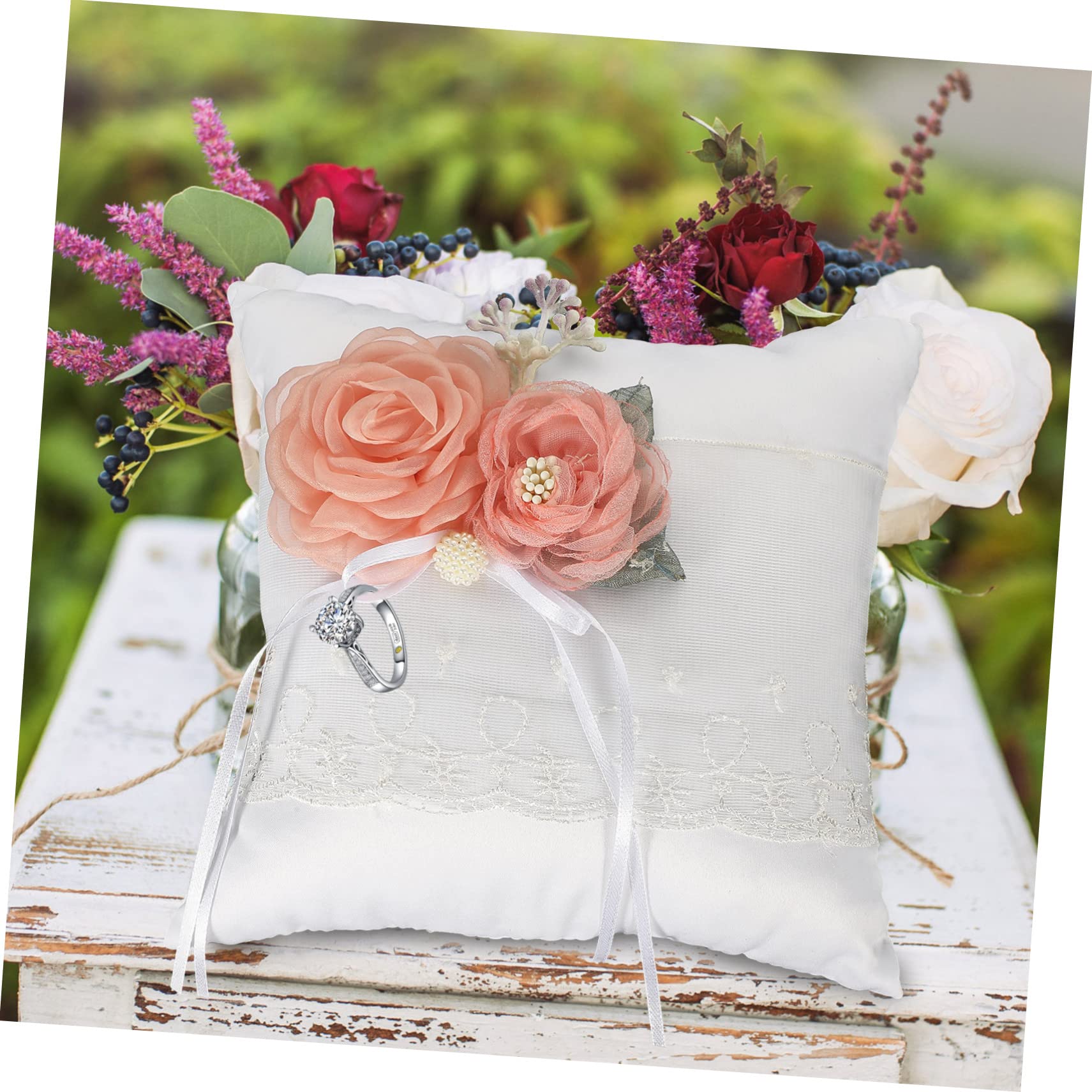 Abaodam 4pezzi Cuscino Portanello Nuziale Elegante Con Fiori Simulati Cuscino Per Anelli Da Cerimonia Decorazione Romantica Per Fidanzamento e Matrimonio Portatile e Leggero Accessorio