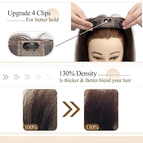 Miniatura 4 de MY-LADY Parte superior de cabello humano con clip para mujer, densidad del 130 %, 3.9 x 4.7in, base de seda, 1.23oz, 10 pulgadas, #2, color marrón