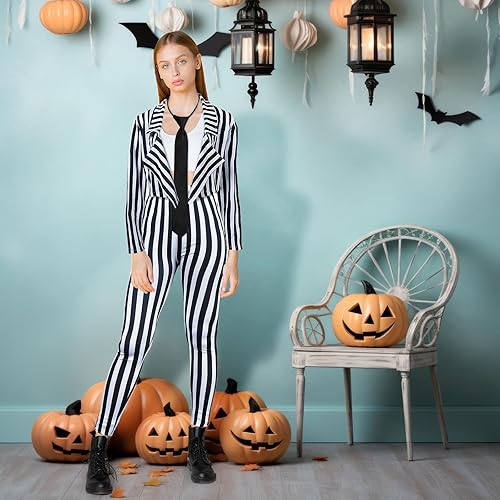 Vista 4 de SATINIOR Traje de Halloween a rayas verticales blancas y negras para mujer, pantalones de longitud con chaqueta de corbata