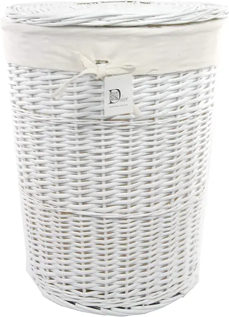 Weiße Weiden Wäschekorb mit Deckel - Rund, D.46 H.62 cm, abnehmbarer Bezug
