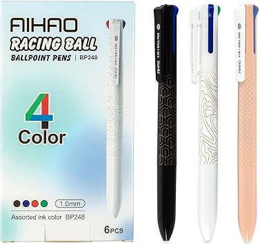 4-Color Ballpoint Pens, 1.0mm Medium Point Retractable 4-in-1 Multicolor Ink Pens, Black Blue Red Green Click Pens, Smooth Writing Quick-Dry Ink, 6 Pack for School Office Journaling