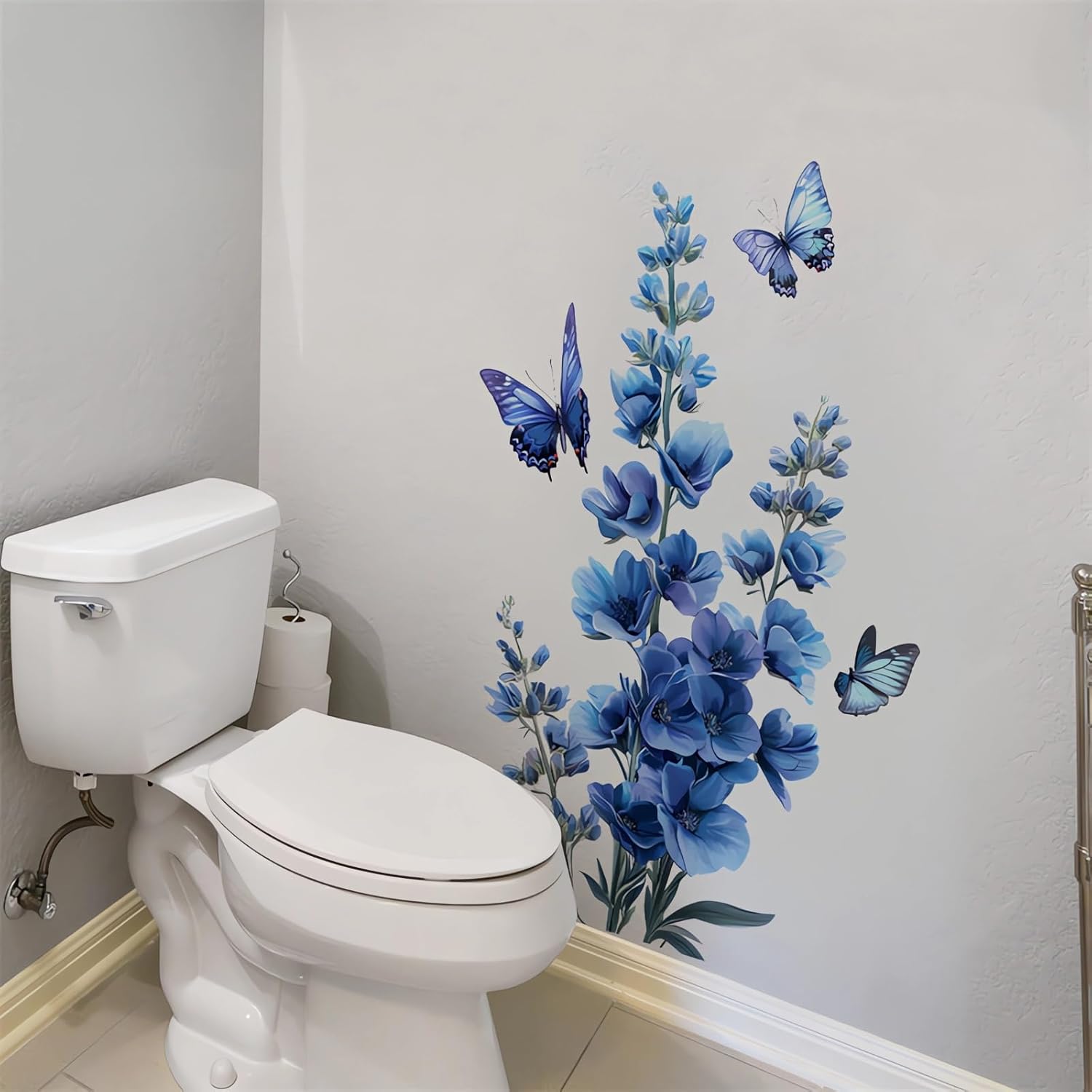 Blue Flower Butterfly Wall Stickers, sacinora Daisy Peony Violets Floral Art Wall Decals Removable Vinyl Peel and Stick for Bathroom Bedroom Home Decorations