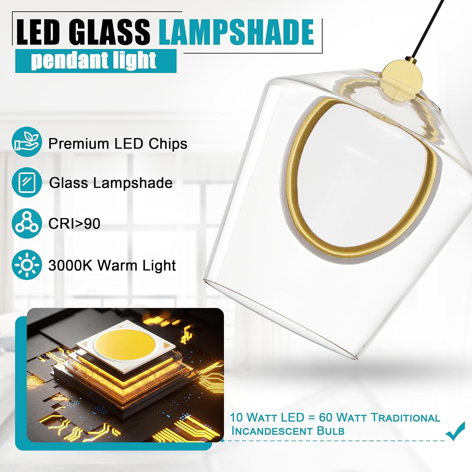 Modern Glass Pendant Lighting for Kitchen Island 1 Pack, Gold LED Pendant Light Fixtures 3000K, Dimmable, Adjustable Hanging Ceiling Light, Angled Clear Glass Shades 8 Inch, ETL Certified