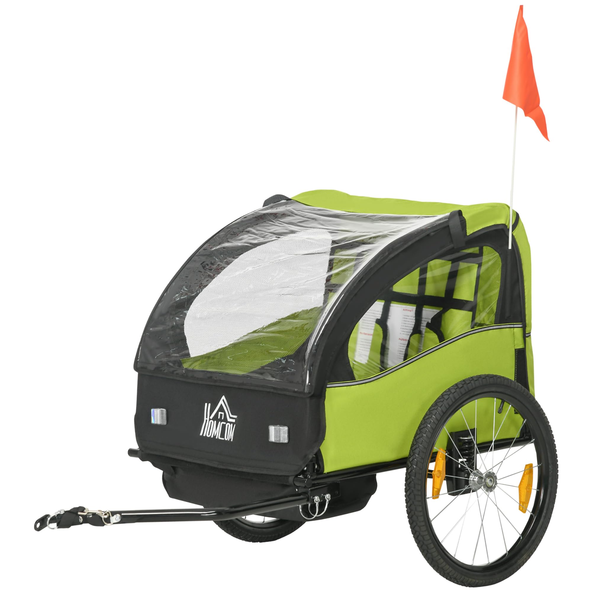 HOMCOM Rimorchio per bicicletta per bambini dai 18 mesi in su, 2 posti, con cintura di sicurezza, vano portaoggetti e sistema ammortizzatore, 140 x 88 x 90 cm, verde
