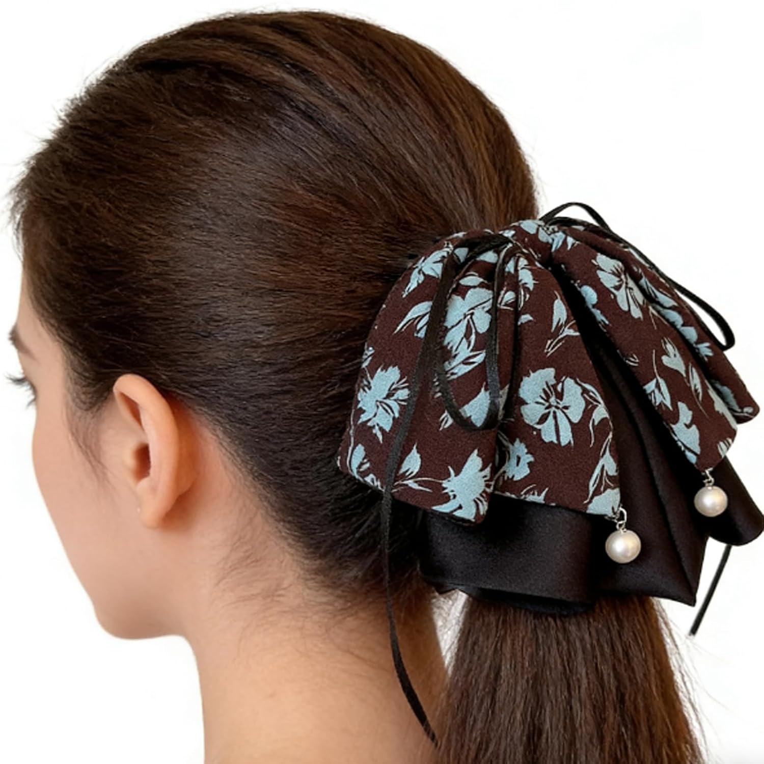 2pcs Large Vintage Bowknot Hair Claw Clips Premium Satin Floral Printing Bows Hair Clips with Ribbon Beads Elegant Hair Accessories for Girls Women Ponytail French Hairstyle(Black, Blue)