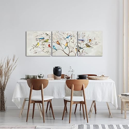 Miniatura 3 de KREATIVE ARTS Lienzo cuadrado de 3 piezas de arte de pared de pájaros en ramas de árbol, impreso en decoración contemporánea del hogar y dormitorio,