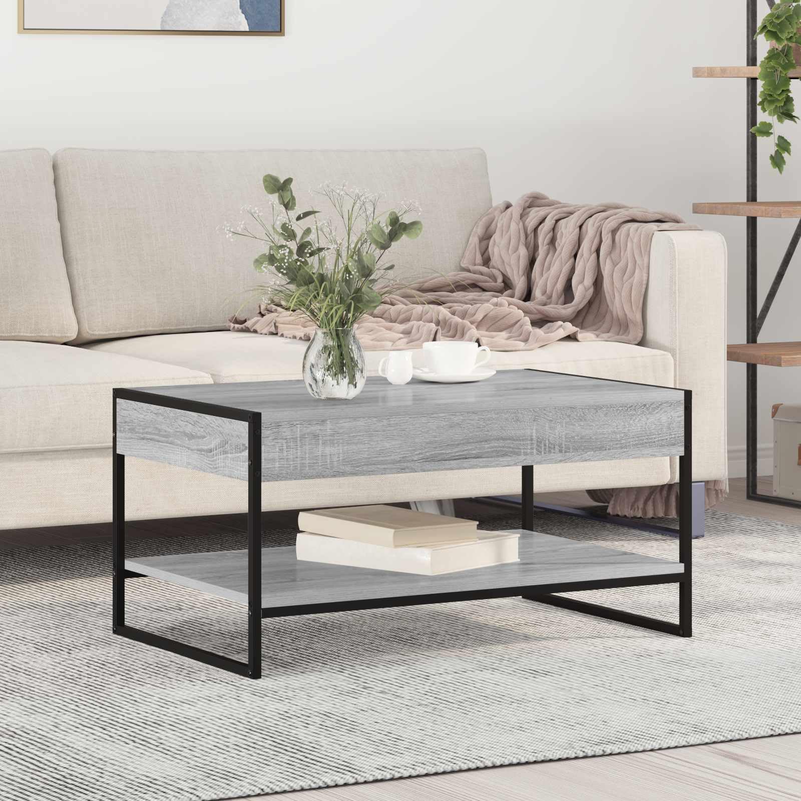 Couchtisch Graues Sonoma Holzwerkstoff 80 x 50 x 40 cm mit Ablagefach und Stahlbeinen moderner Wohnzimmertisch für Sofa Lounge mit Stauraum und Ablagefach