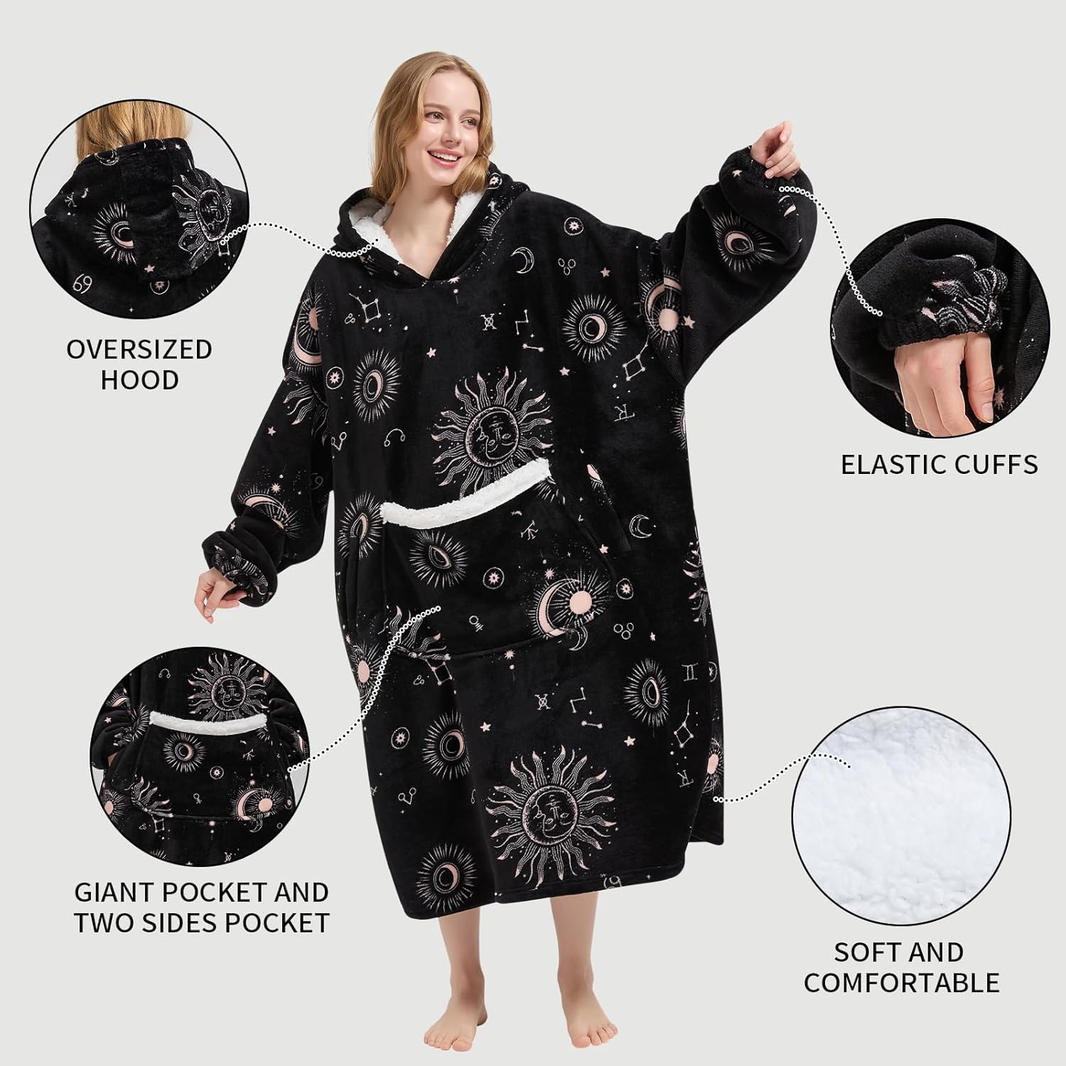 Wearable Blanket Gift for Women & Men Sherpa Flannel Blanket Hoodie Long Warm and Cozy Blanket with Giant Pocket,Sun and moon - Image 3