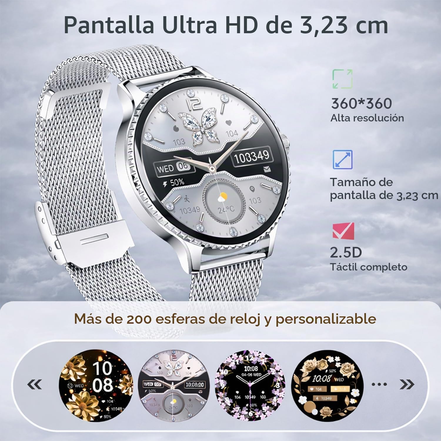 Reloj Inteligente Mujer, 1.27" Smartwatch Mujer Redondo con Llamadas y Whatsapp Notificación, SpO2/Pulsómetro/Sueño/Podómetro, 110+ Modos Deporte, 2 Correas, IP68 para Android iOS Plata