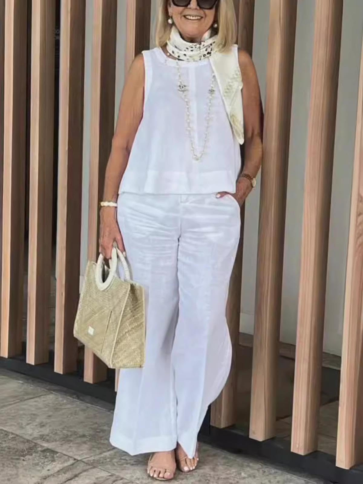 Tops Sin Mangas De Lino De Algodón De Color Sólido Simple De Moda para Mujer y Pantalones De Pierna Ancha para Mujer Trendy Simple Conjunto De 2 Piezas