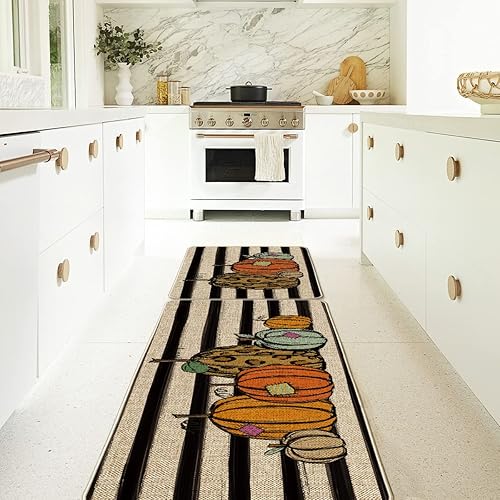Miniatura 7 de Artoid Mode Juego de 2 tapetes decorativos de cocina con diseño de calabaza a rayas de acuarela, para el hogar, temporada, otoño, cosecha, Acción de