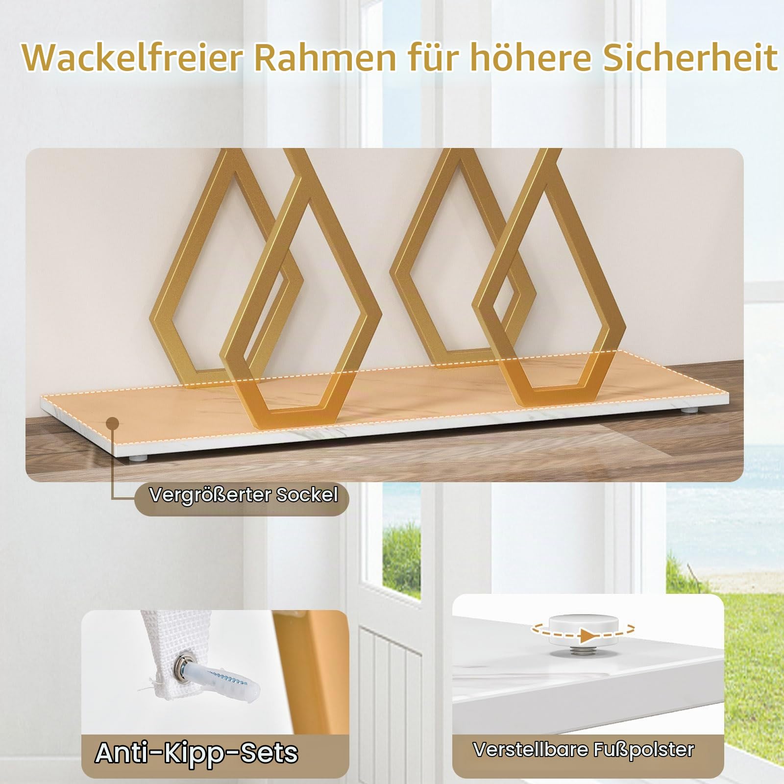 LIFEZEAL Konsolentisch Marmor, Eingangstisch mit 2 Ebenen, Flurtisch mit Schmetterlingsrahmen, Schmaler Dekotisch Beistelltisch für Wohnzimmer & Flur, 100 x 30 x 79 cm (Weiß + Gold)