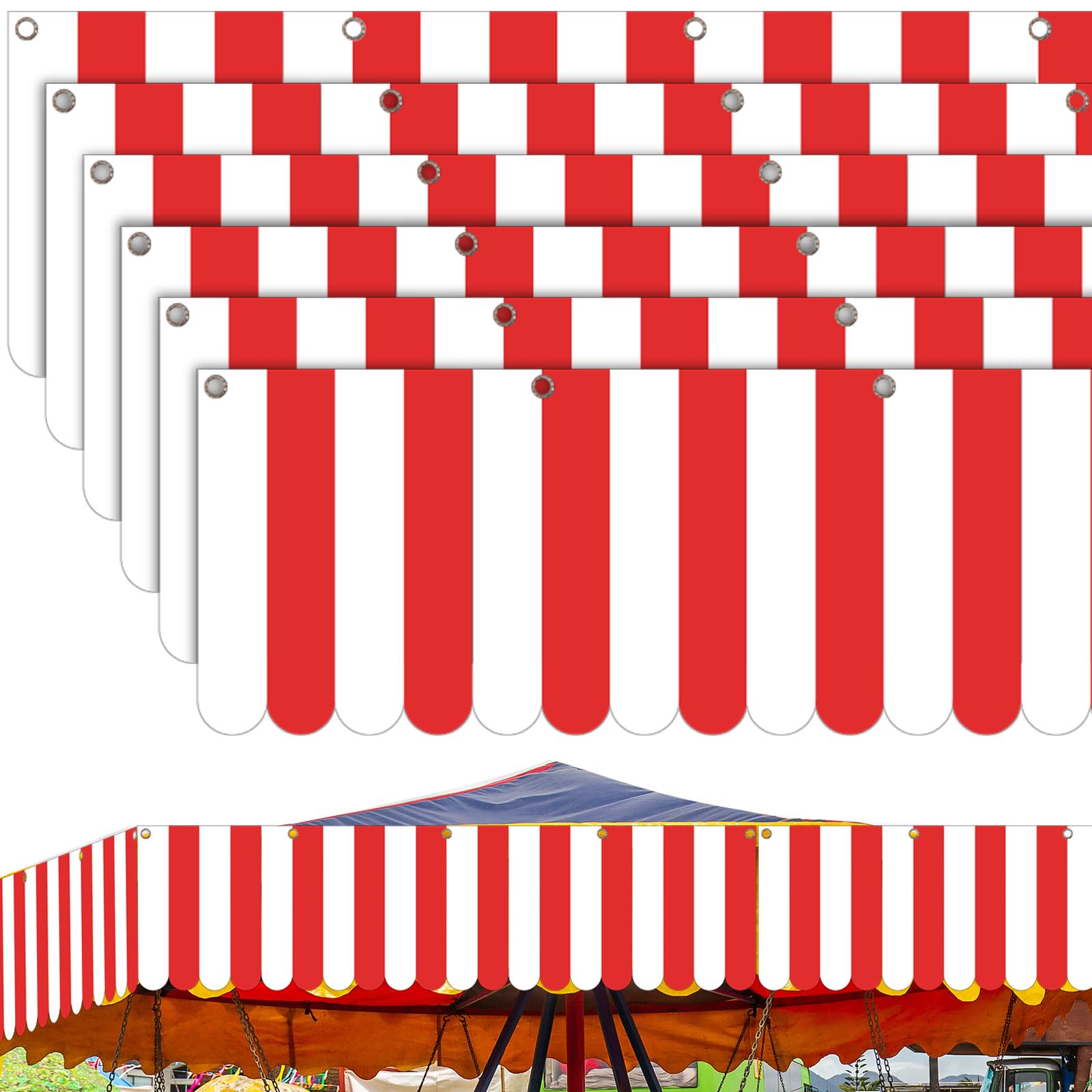 Preboun 6 Pcs Carnival Tent Circus Hanging Awning Decorations Red White Striped Carnival Banner Canopy Party Supplies for Kids Birthday Mardi Gras Theme Christmas Celebration, 9.84 x 78.74 Inches