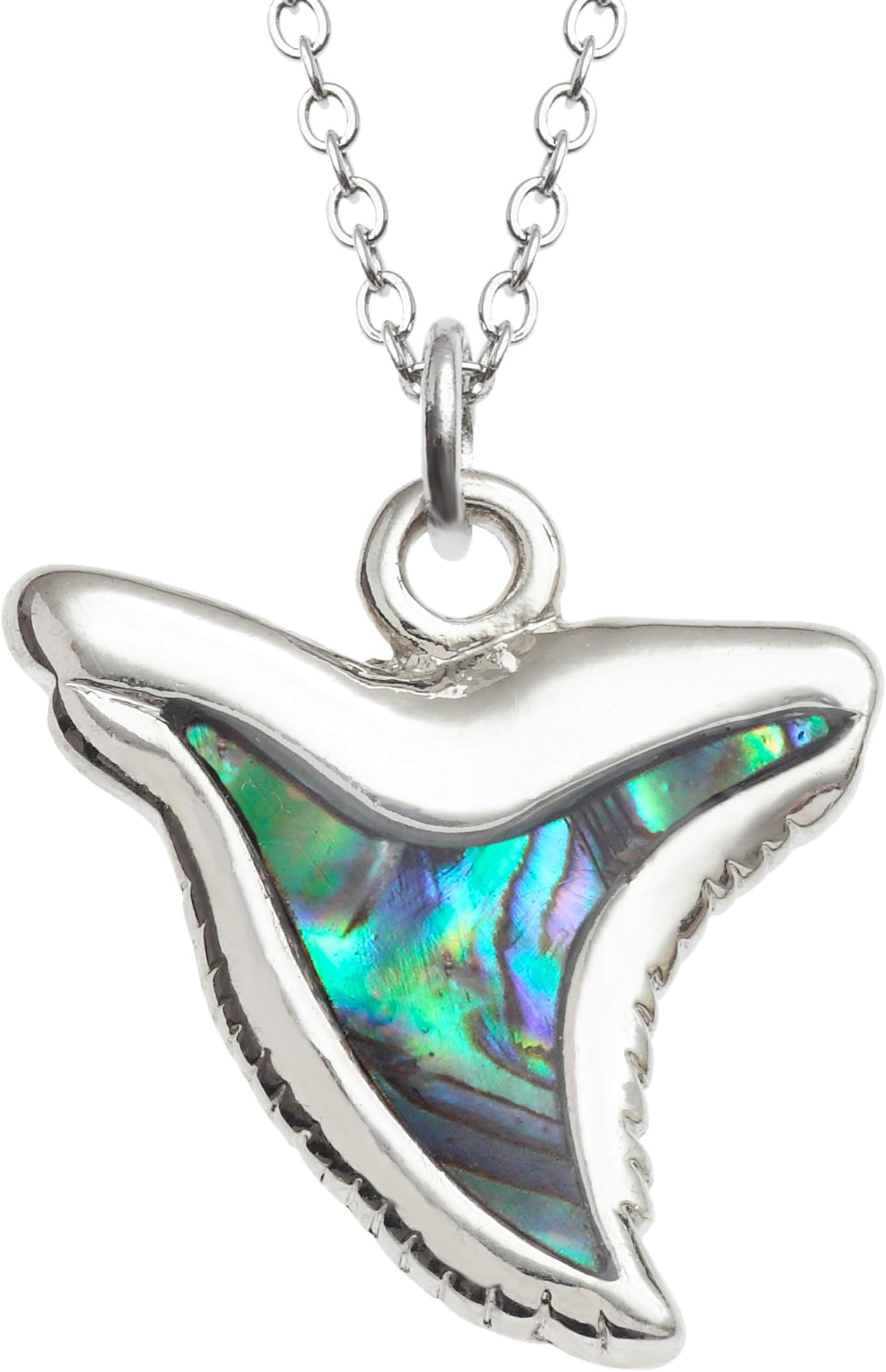 Womens Shark Tooth Necklace inlaid with Sustainably Sourced Abalone Shell on 18 inch Rhodium Plated Chain with Gift Box