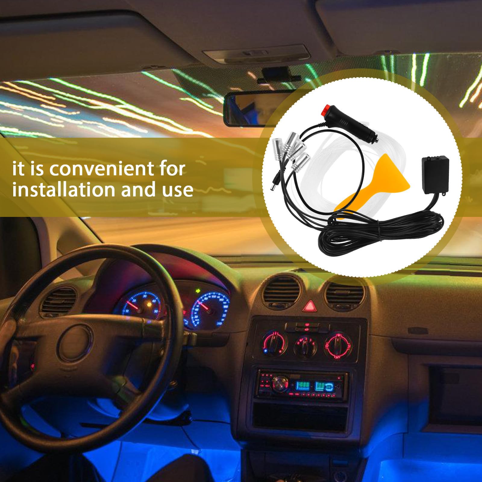 Toyvian Luz Ambiental Decorativa LED para Coche Interior Fibra Óptica en Tonos Fríos, Control Remoto y Kit de 6 Metros para Iluminación Interior de Vehículo