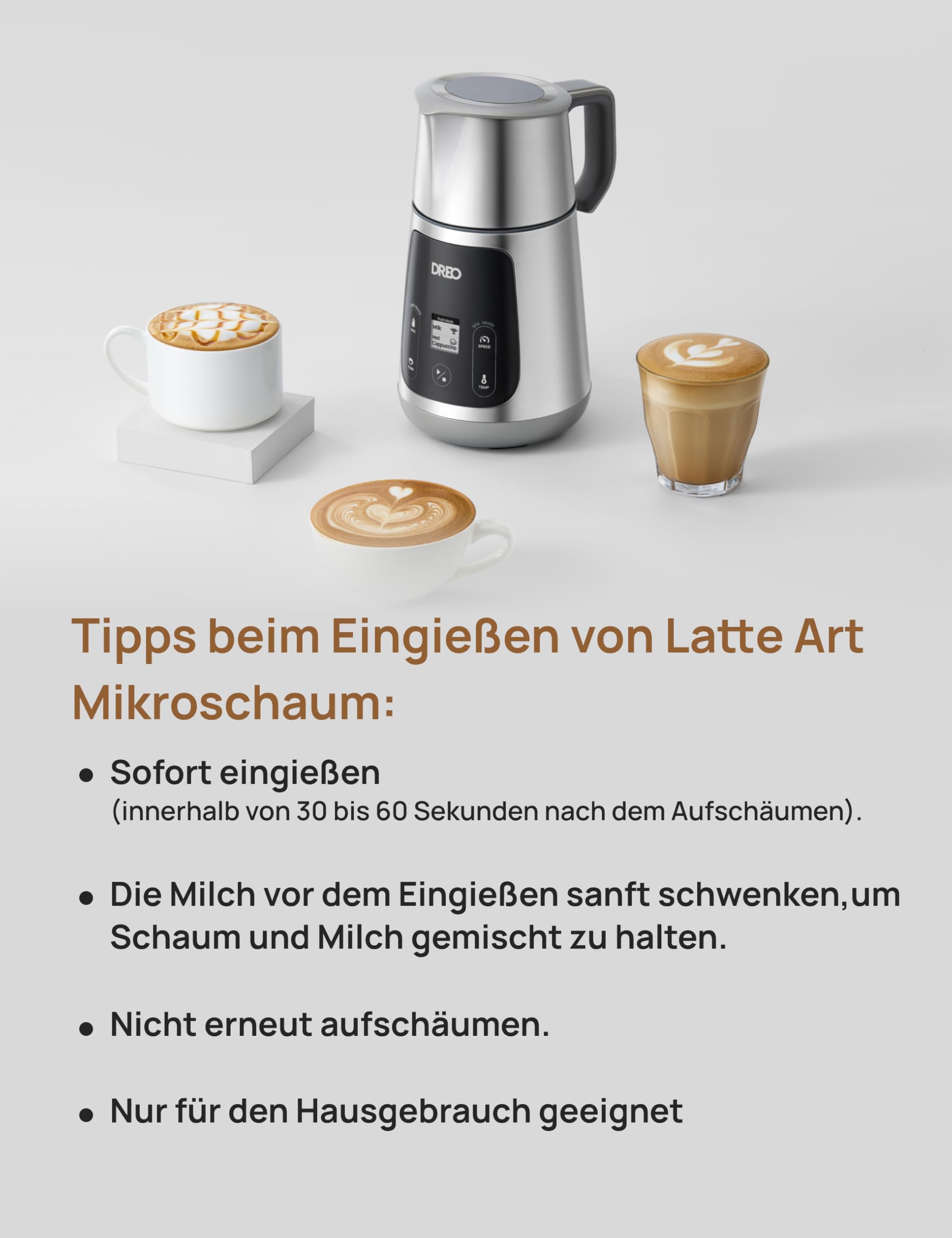 Dreo Milchaufschäumer Elektrisch [Verbessert], All-in-1 450ml Elektrischer Milchschäumer für Latte, Cappuccino, Heiße Schokolade, über 30 Getränke, Leicht zu Reinigen, Spülmaschinenfest, LED-Anzeige