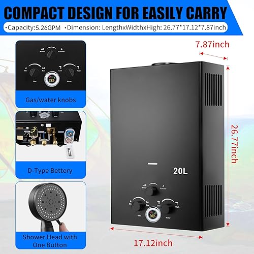 Vista 5 de Calentador de agua de propano sin tanque, 5.26 GPM 20L, calentador de agua caliente instantáneo de gas portátil para exteriores, con pantalla Negro