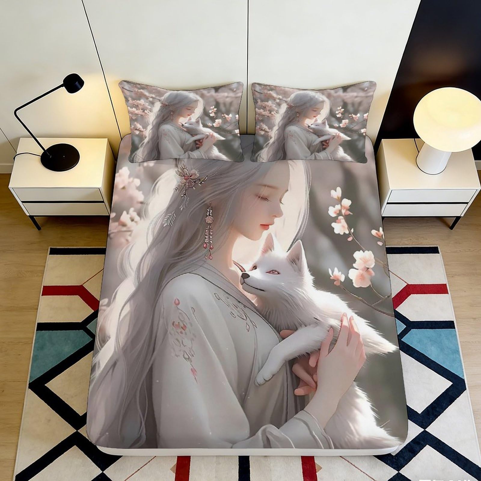 3D Printed Sakura Fantasy Girl Fitted Sheet Microfiber Soft Slip-Resistant Fox Bed Cover for Bedroom Guest Room 90x200x25cm