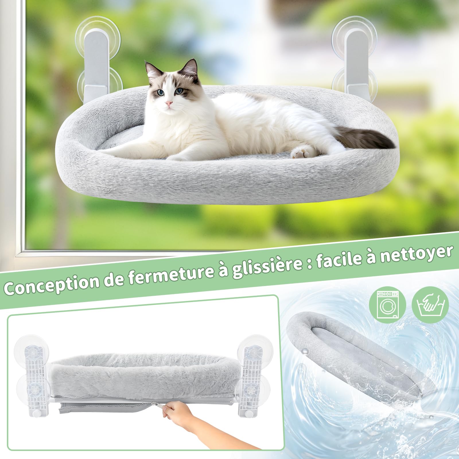 GUUSII HOME Hamac Chat Fenetre Panier Suspendu et Perchoir pour Grande Chats Lit Etagere de Fenêtre Pliable Transat Facile à Monter Housse Lavable en Machine avec Ventouses Support 18kg (Gris)