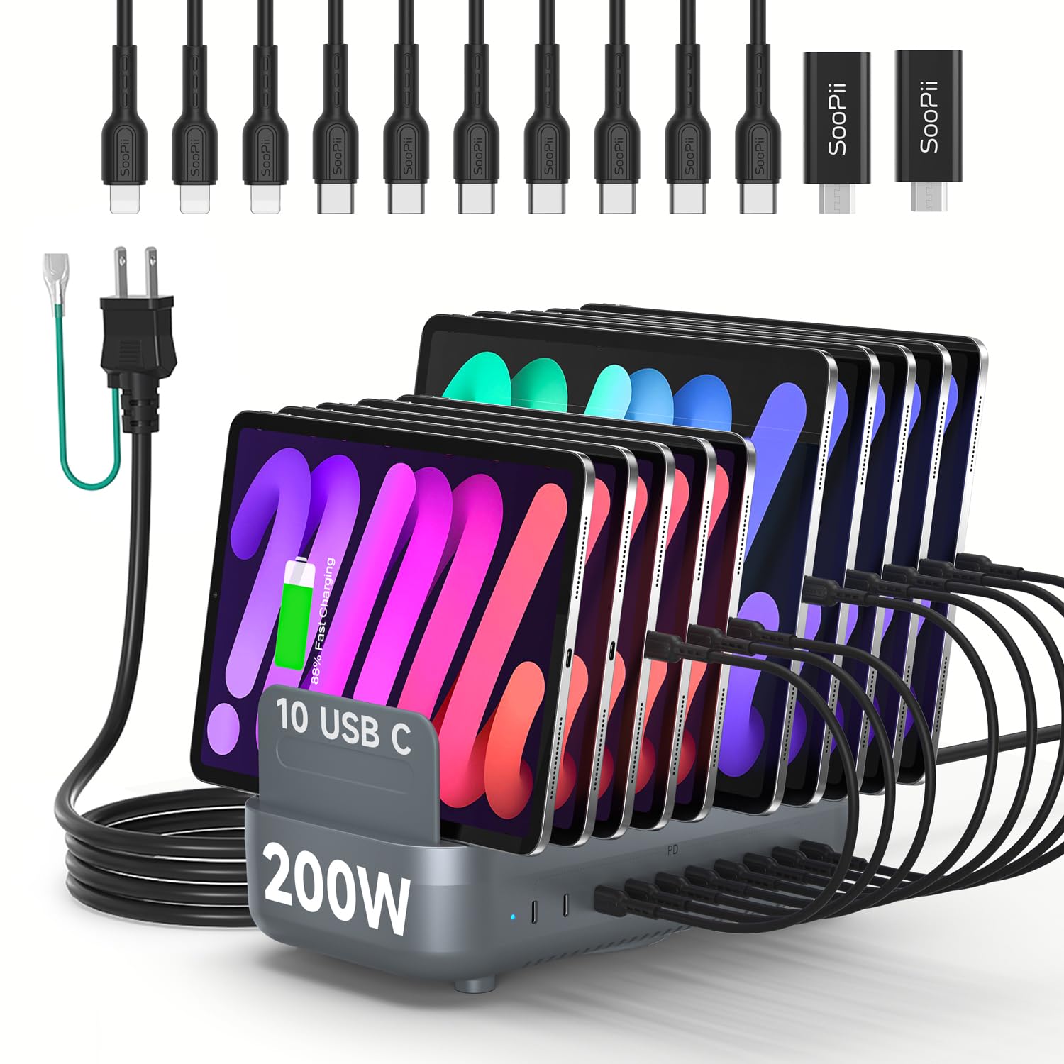首佩200W USB-C充電ステーション‌、10ポートPD急速充電器（最大20W/ポート）、10本の短いケーブル付き、スマホ・タブレットなど電子機器の充電をまとめて整理（グレー）
