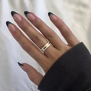 Fake Nails Medium Lenght French Press on Nails Almond Acrylic Full Cover Black False Nails for Women and Girls24PCS