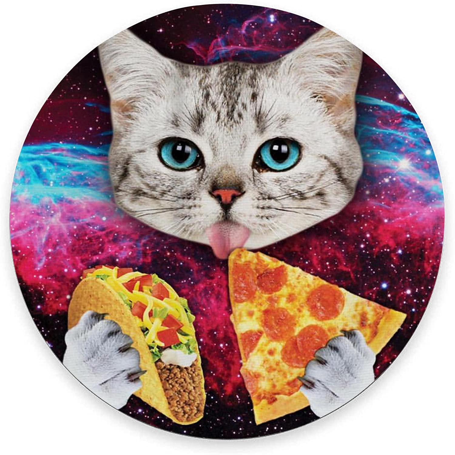 IMAYONDIA Mouse Pad, Funny Space Cat Kitten Eat Pizza Mouse Pad, Waterproof Circular Small Mouse Pads with Designs, Non-Slip Rubber Round MousePads for Computer, 7.9"x0.12" Inch