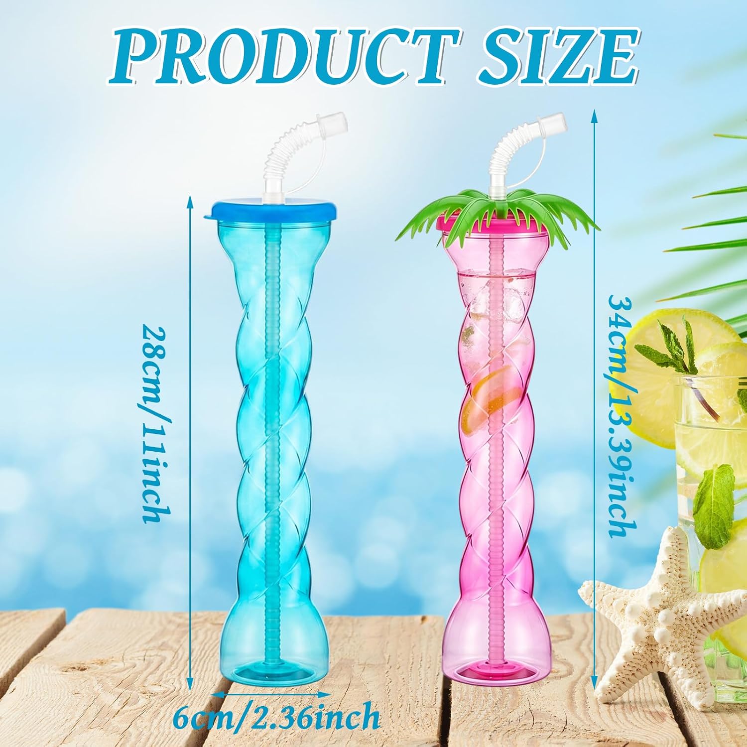 Jingmore 15 Pcs 12 oz Spiral Shaped Cups Straw Water Bottle with Straws and Lid for Drinking Margaritas Cold Drinks Frozen Drinks Hawaii Family Tropical Luau Parties Supplies, 5 Colors