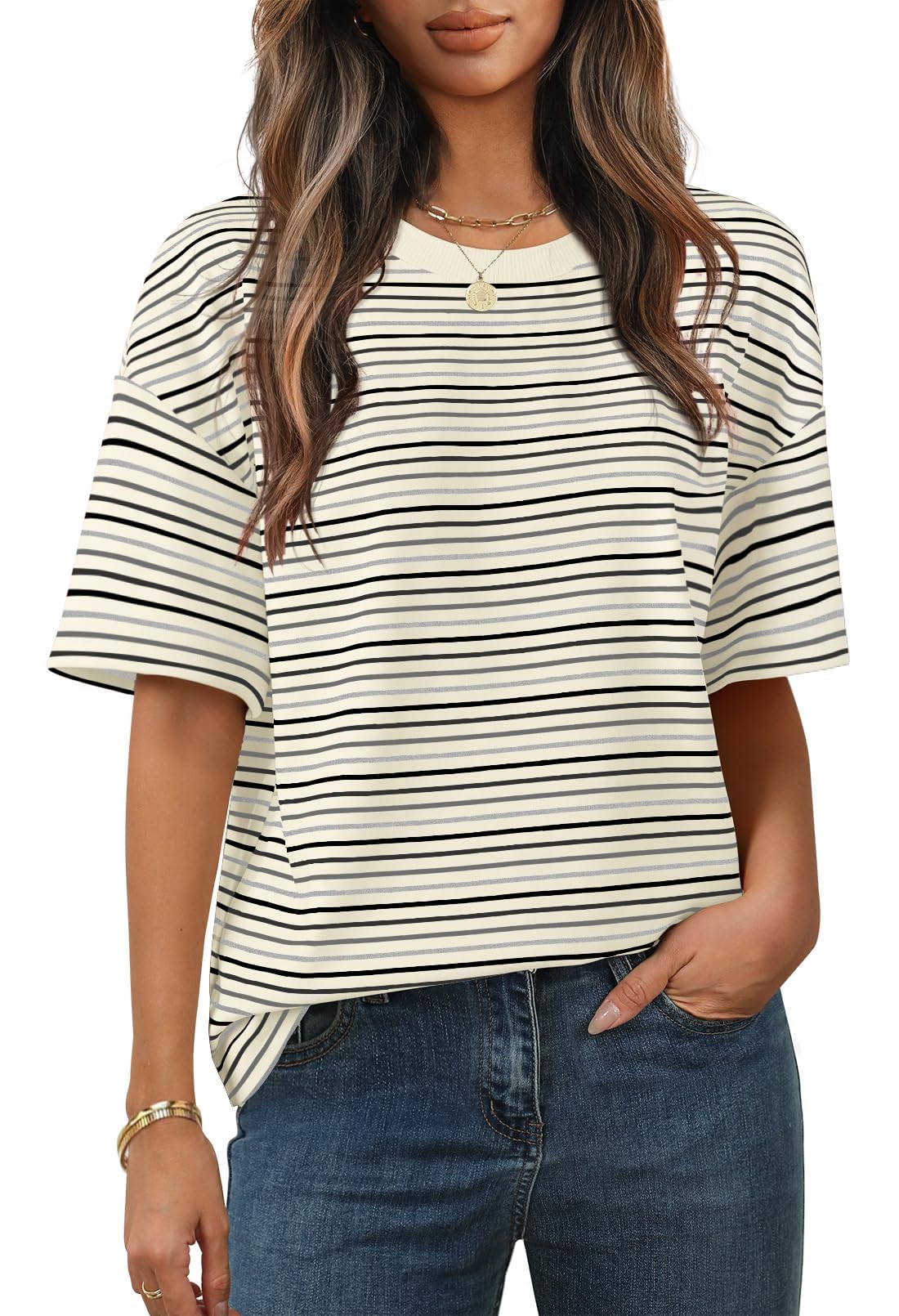 Cuptacc Tshirt Damen Rundhals Oversize Tunika Kurzarm Oberteile Damen Sommer Locker T Shirt Bunt Gestreiftes Elegant Top