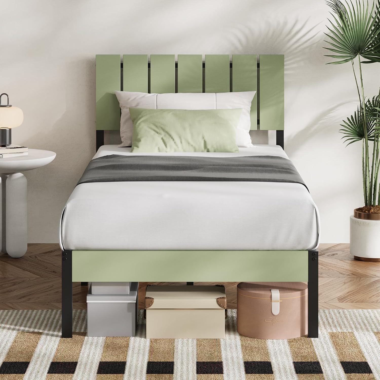 Novilla Twin Bed Frame with Modern Wooden Slatted Headboard, Easy Assembly, Heavy Duty Metal Platform, Noise-Free, Under-Bed Storage, No Box Spring Needed