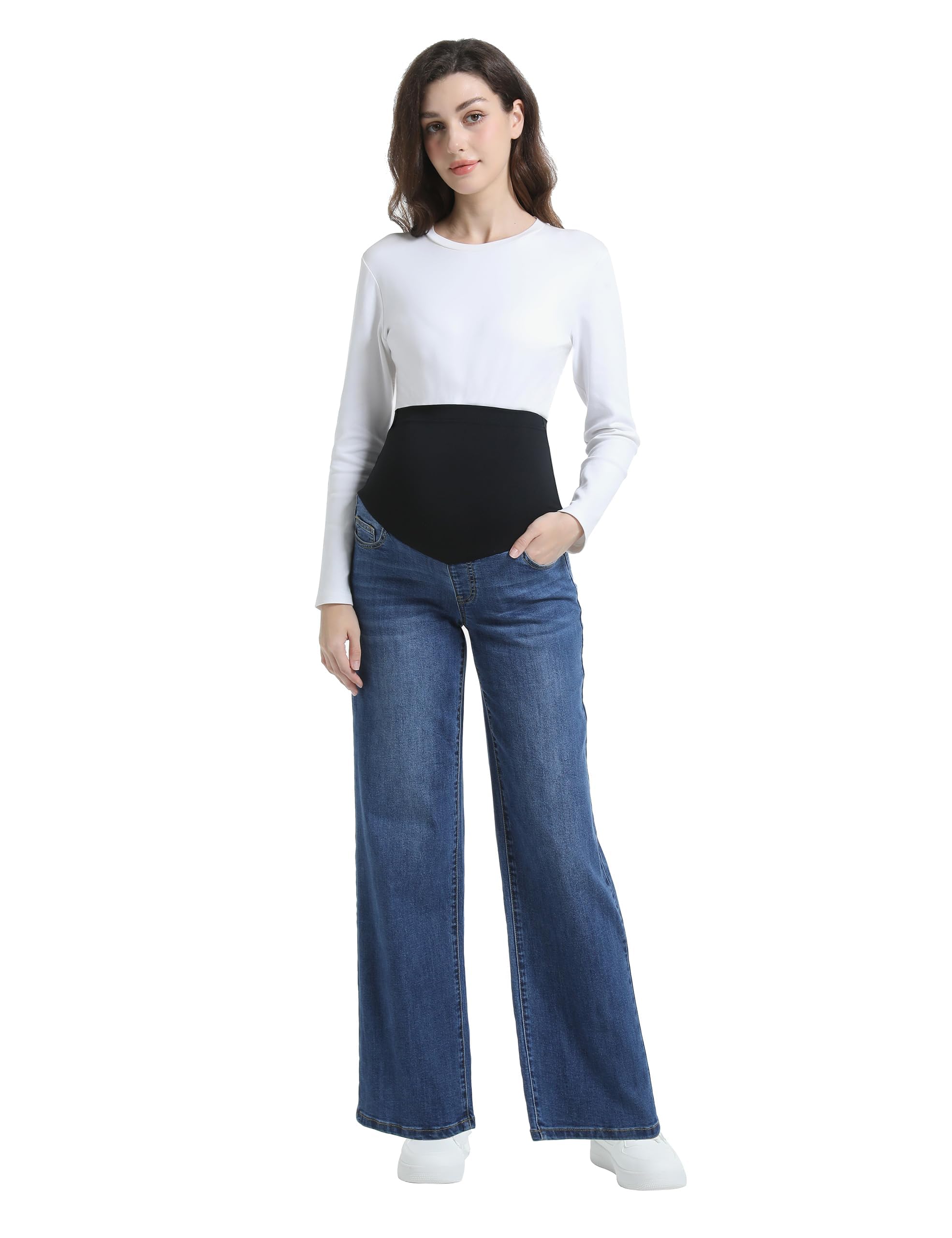 Vaqueros de maternidad para mujer con pierna ancha sobre el abdomen, elásticos, piernas rectas, pantalones de maternidad, pantalones vaqueros con bolsillos